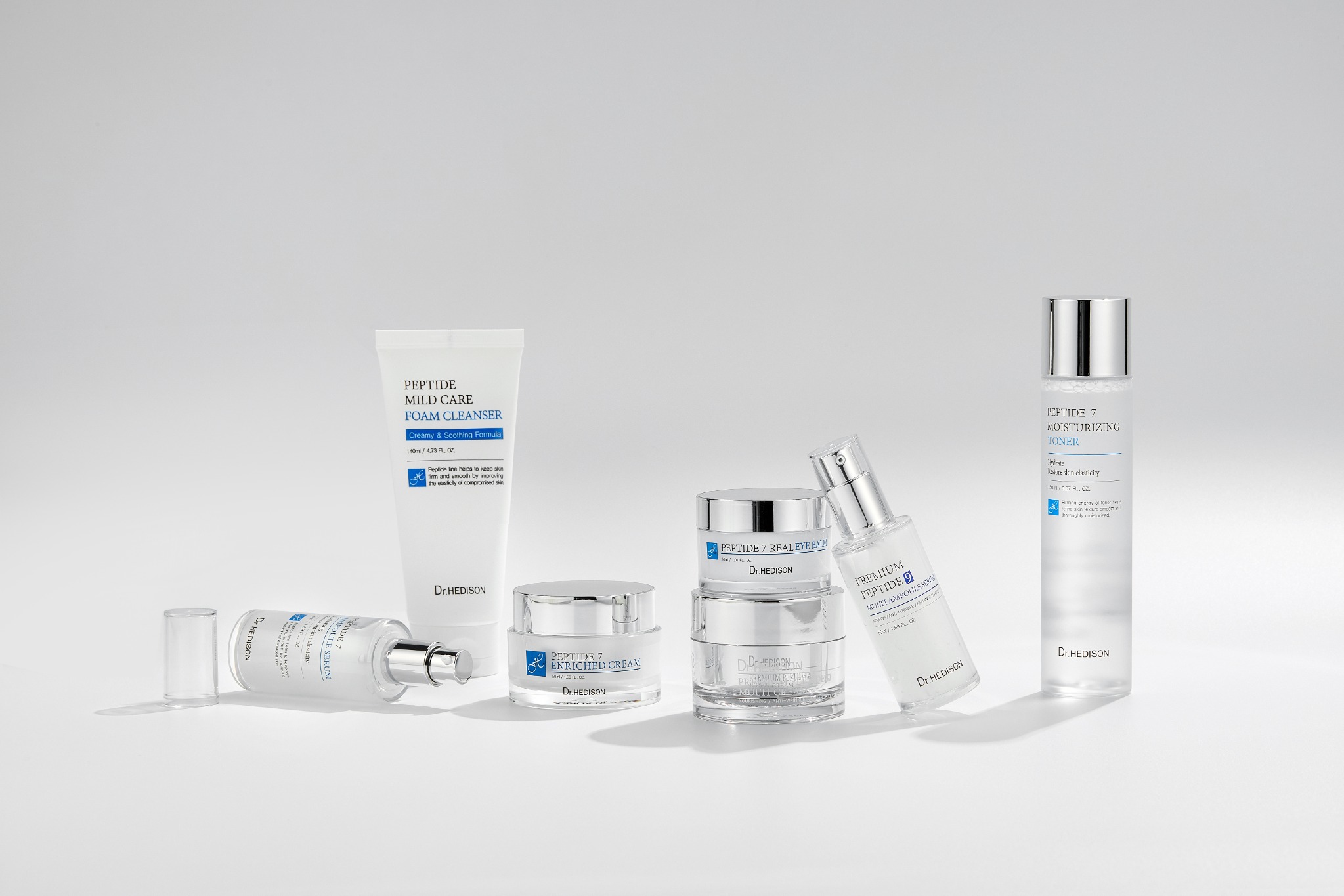 Productos de la línea Peptide de Dr.Hedison: limpieza, tónico, sérums y cremas